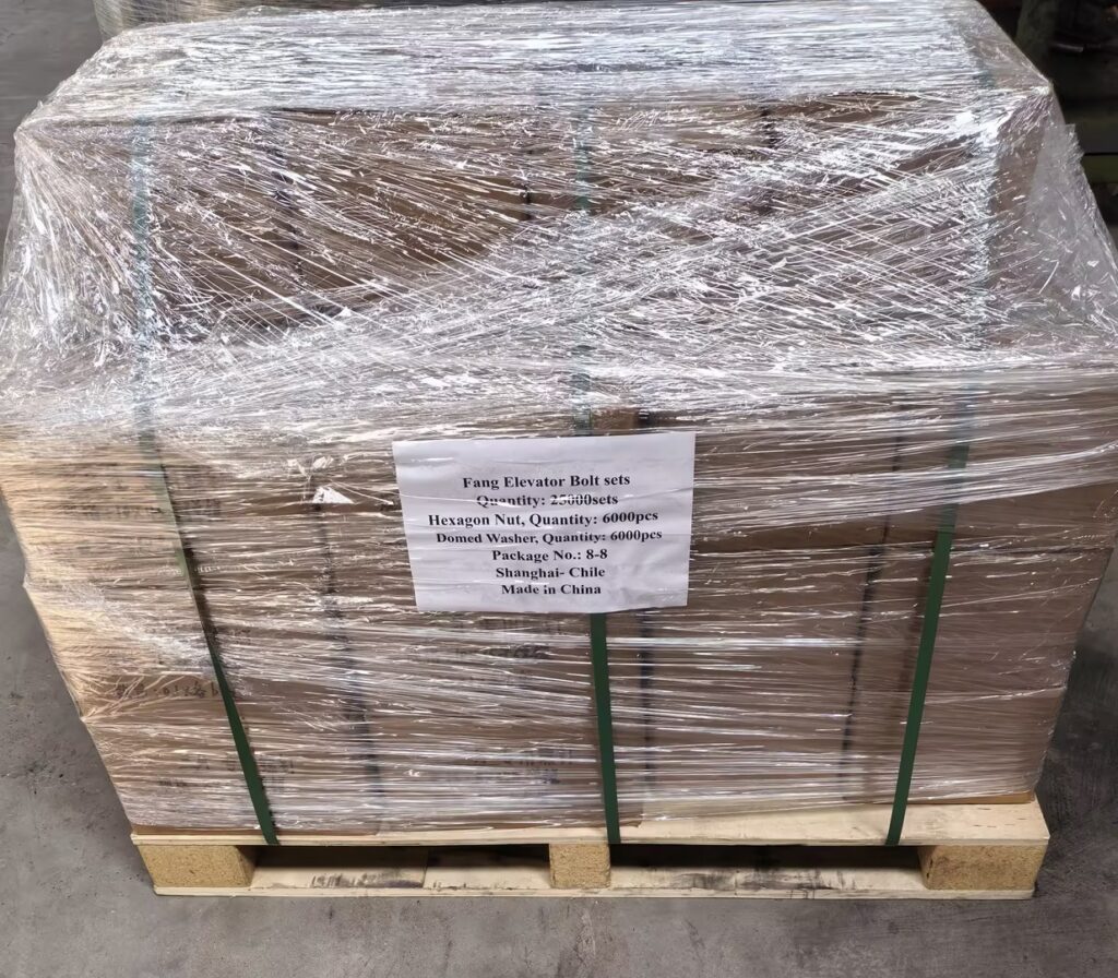 Palletized elevator buckets, bucket bolts and belt clamps prepared for export shipment