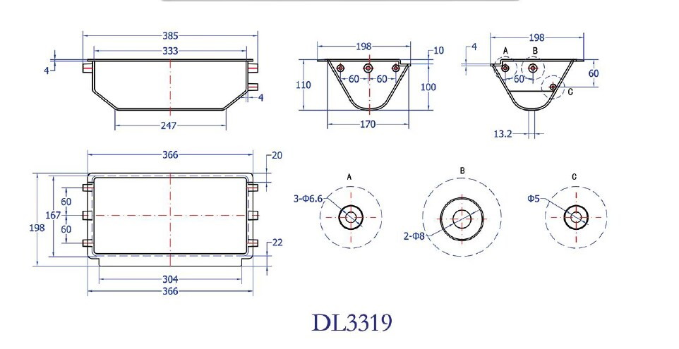 DL3319 Z bucket elevator bucket dimensions and side mounting hole drawing